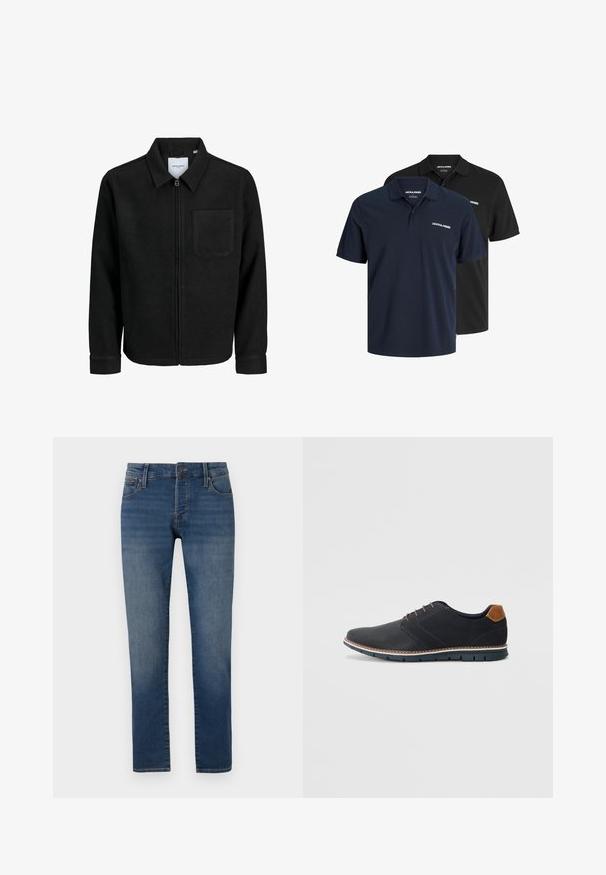 Jachetă neagră cu fermoar, cu guler și un singur buzunar pe piept, expusă pe fundal alb.; Două tricouri polo: unul bleumarin cu logo alb și unul negru. Ambele au un guler clasic și mâneci scurte, fiind fabricate dintr-un material ușor.; Jeans albaștri slim-fit cu ușoară decolorare pe coapse, design cu cinci buzunare, închidere cu nasture și croială dreaptă pe un fundal alb.; Pantofi sintetici negri cu un superior texturat, accente netede, toc maro și o talpă contrastantă. Prezintă un șnur minimalist și detalii de cusătură.