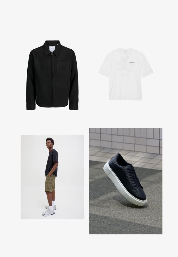 Fekete, zipzáros dzseki gallérral és egyetlen mellzsebbel, fehér háttéren.; Fehér pamut póló rövid ujjakkal, a mellrészen fekete és zöld felirattal, ami ezt olvassa: "Szállj a nyugalomba".; Fekete rövid ujjú póló, olívazöld cargo rövidnadrág zsebekkel, fehér bokaszakaszos zoknik, és ezüst színű sportcipők, egy semleges háttér előtt állva.; Fekete bőr sportcipő lekerekített orral és fehér gumitalppal. Lapos fűzőkkel és minimális varrásokkal rendelkezik a felsőrészén. Mintás talp a tapadásért.