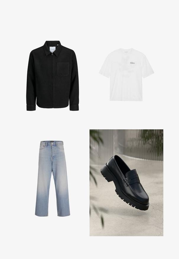 Black zip-up jacket with collar and single chest pocket, displayed on white background.; White cotton t-shirt with short sleeves, featuring a front print that reads "Soar into Tranquility" in black and green.; Light blue wide-leg jeans made of denim, featuring a high waist, front pockets, and a faded wash effect for a textured appearance.; Black leather loafers with a chunky tread sole, featuring a decorative strap and stitching detail. Smooth texture with a polished finish.