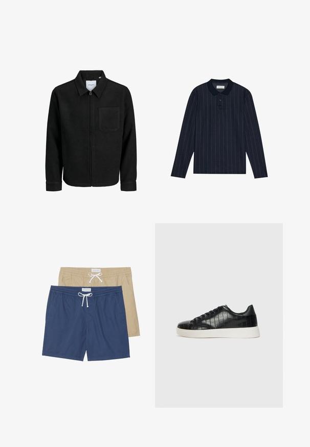 Melna jaka ar rāvējslēdzēju un apkakli, vienu krūšu kabatu, parādīta uz baltas fona.; Jūras zila garo piedurknu polo krekls ar apkakles dekoltē, ar plānām vertikālām strīpām un trīs pogu aizdari. Mīkstas auduma tekstūra.; Divas peldbikses: viens tumši zils un viens khaki, ar elastīgām jostām, auklu detaļām un sānu kabatām.; Melni sporta apavi ar teksturētu krokodila raksta ādas augšdaļu, noapaļotu pirkstu daļu un kontrastējošu baltu gumijas zoli ar gludu virsmu.