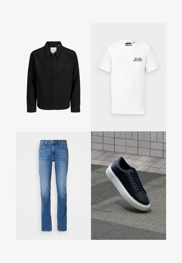 Mustaga lukuga jakker, millel on krae ja üks rinna-tasku, esitatud valgel taustal.; Valge lühikeste varrukatega ümarate kaelustega T-särk, mille vasakul rinnal on väike must "Pepsi-Cola" logo ning bränditud kaelamärgis.; Sinised denim teksad sirge säärega, viie taskuga, esise tõmblukuga ja peente kulumismärkidega. Klassikaline lõige ja keskmine pesu.; Mustast nahast tennisetoss, millel on ümar nina ja valge kummist tall. Omab siredaid paelu ja minimaalset õmblemist ülemises osas. Tekstuuriga tald, mis tagab haakuvuse.