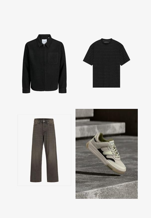 Sort lynlåsjakke med krave og en enkelt brystlomme, vist på hvid baggrund.; Sorte T-shirt med korte ærmer, der har tynde hvide vandrette striber. Fremstillet af blødt stof med rund halsudskæring og afslappet pasform.; Bredde ben jeans i mørkegrå denim med høj talje, klassisk fem-lommer design og kontrasterende syninger langs sømmene.; Creme lædersneaker med mørkegrønne detaljer, teksturerede paneler, sort sidebånd og en robust gummisål, hævet over en betonoverflade.