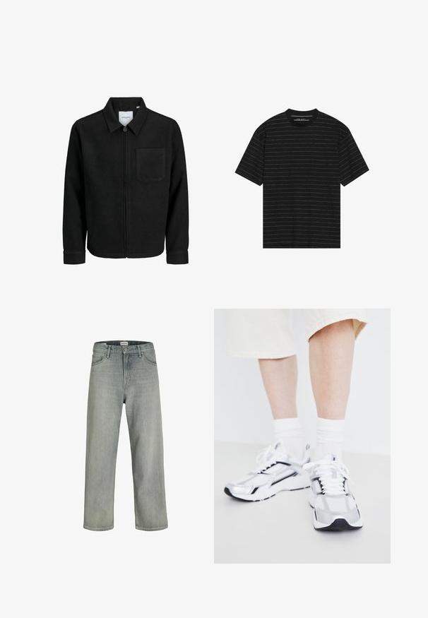 Mustaga lukuga jakker, millel on krae ja üks rinna-tasku, esitatud valgel taustal.; Must have lühikeste varrukatega must t-särk, millel on õhukesed valged horisontaalsed triibud. Valmistatud pehmest kangast, ümar kaelus ja mugav lõige.; Heledad hallhallid, laia lõikega denimist teksased. Omavad klassikalist viie tasku disaini, vööloopse ja sirget säärelõiget.; Jack & Jones JFWTOKYO - Tossud - bright white/black