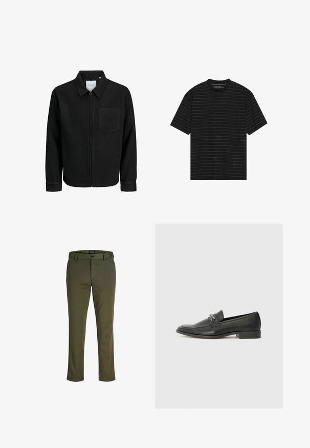 Veste zippée noire avec col et poche poitrine unique, présentée sur fond blanc.; T-shirt noir à manches courtes avec de fines rayures horizontales blanches. Fabriqué dans un tissu doux, avec un col rond et une coupe décontractée.; Pantalons vert olive en tissu lisse ; dotés d'une fermeture à bouton, de passants de ceinture et de jambes droites avec une finition soignée.; Mocassin en cuir noir avec une finition lisse, présentant un design cousu et une accent décoratif en chaîne métallique sur le rand. Talon plat.