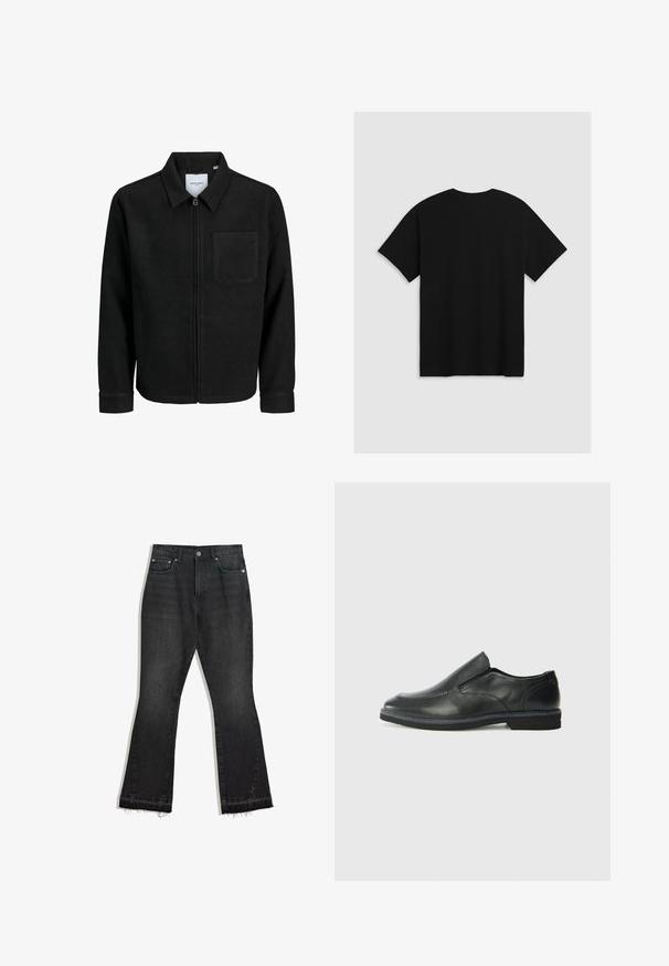 Czarna kurtka z zamkiem na całej długości, z kołnierzem i jedną kieszenią na piersi, umieszczona na białym tle.; Levi's® - T-shirt z nadrukiem; Czarne dżinsy z rozszerzanymi nogawkami i postrzępionym dołem, pięć kieszeni, z zapięciem na guzik. Gładka struktura, materiał o średniej wadze.; Czarne skórzane buty wsuwane z gładką cholewką, przeszyciami, okrągłym noskiem i niskim gumowym obcasem. Podeszwa ma minimalny bieżnik.