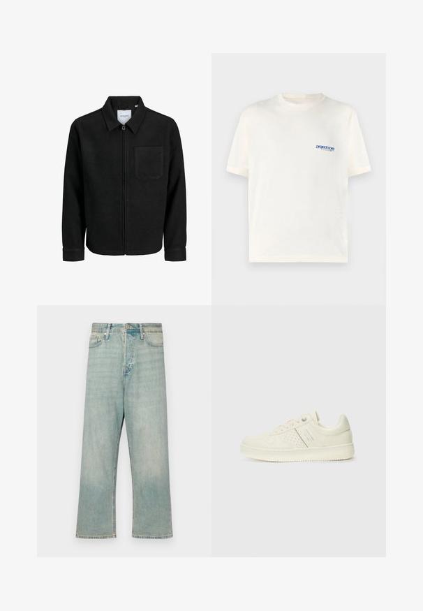 Juodas džemperis su užtrauktuku, apykakle ir vienu krūtiniu kišenėje, pristatytas baltame fone.; Kreminės spalvos trumpomis rankovėmis marškinėliai, pagaminti iš minkštos medvilnės, su mažu mėlynu atspaudu kairėje krūtinės pusėje. Klasikinio apvalaus kaklo dizainas.; Šviesiai mėlyni džinsai su laisvu kirpimu, tiesiomis kojomis ir nublukusiu paviršiumi; turi klasikinį mygtuko ir užtrauktuko uždarymą.; Kremo spalvos sportbačiai su perforuotomis detalėmis, raišteliais ir logotipu šone, išdėstyti prieš paprastą baltą foną.