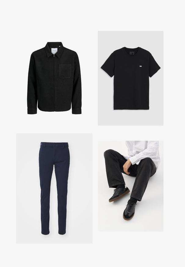 Schwarze Zip-Jacke mit Kragen und einer einzelnen Brusttasche, auf weißem Hintergrund präsentiert.; Schwarzes Baumwoll-T-Shirt mit kurzen Ärmeln und rundem Ausschnitt, mit einem kleinen weißen Levi's-Logo auf der Brust, glatte Textur, klassischer Schnitt.; Navyblaue Hosen mit glatter Textur, schlanker Passform, Gürtelschlaufen, Knopfschluss und Vordertaschen. Keine sichtbaren Muster oder Akzente.; Schwarze Sneakers mit einer glatten und strukturierten Oberfläche, ausgestattet mit einer Gummisohle und dunklen Schnürsenkeln. Kombiniert mit schwarzen Jeans und einem gestreiften weißen Hemd.