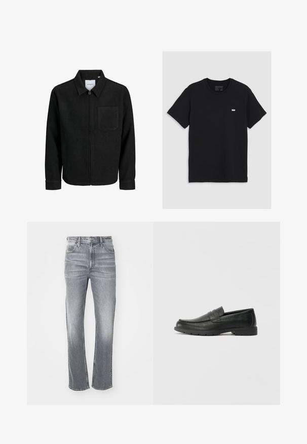 Veste zippée noire avec col et poche poitrine unique, présentée sur fond blanc.; T-shirt en coton noir à manches courtes, col rond, présentant un petit logo blanc Levi's sur la poitrine, texture lisse, coupe classique.; Jean en denim gris à coupe droite, avec un design classique à cinq poches, des passants de ceinture et un léger délavage pour la texture.; Mocassins en cuir noir avec une finition lisse, tige de style moccasin, détails cousus et semelle en caoutchouc. Design classique avec un talon bas.