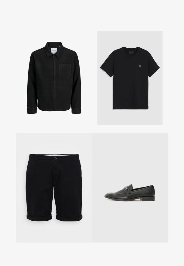 Veste zippée noire avec col et poche poitrine unique, présentée sur fond blanc.; T-shirt en coton noir à manches courtes, col rond, présentant un petit logo blanc Levi's sur la poitrine, texture lisse, coupe classique.; Shorts en coton noir avec une coupe droite, ourlets retroussés et fermeture à bouton à l'avant. Dotés de poches et d'une ceinture intérieure à motif.; Mocassin en cuir noir avec une finition lisse, présentant un design cousu et une accent décoratif en chaîne métallique sur le rand. Talon plat.