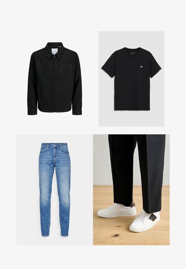 Chaqueta negra con cremallera y cuello, con un solo bolsillo en el pecho, expuesta sobre un fondo blanco.; Camiseta de algodón negra de manga corta, con cuello redondo, presenta un pequeño logo blanco de Levi's en el pecho, textura suave, corte clásico.; Vaqueros de mezclilla azul claro con un diseño de pierna recta, que presentan áreas desgastadas, estilo de cinco bolsillos y un cierre de botón metálico en la cintura.; Zapatillas blancas con textura suave, con acentos de cuero marrón y detalles en negro, combinadas con pantalones negros ajustados. Fondo de suelo de madera.