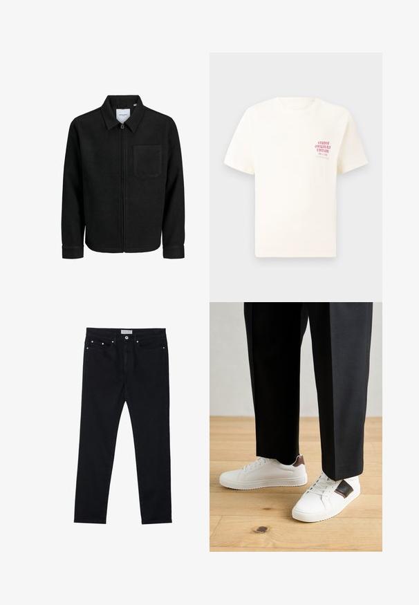 Mustaga lukuga jakker, millel on krae ja üks rinna-tasku, esitatud valgel taustal.; Valge lühikeste varrukatega T-särk, millel on vasakul rinnal punane tekst "Studio Originals Edition", esitatud neutraalsel hallil taustal.; Must mustribaldenim teksat, sirge sääremudeli, viie tasku, metallniitide ja nööbikinnitusega. Pehme tekstuur kerge venivusega.; Valged sneakersid siledat tekstuurist, millel on pruunad nahast detailid ja mustad aksessuaarid, millele on sobitatud mustad kohandatud püksid. Puitpõranda taust.