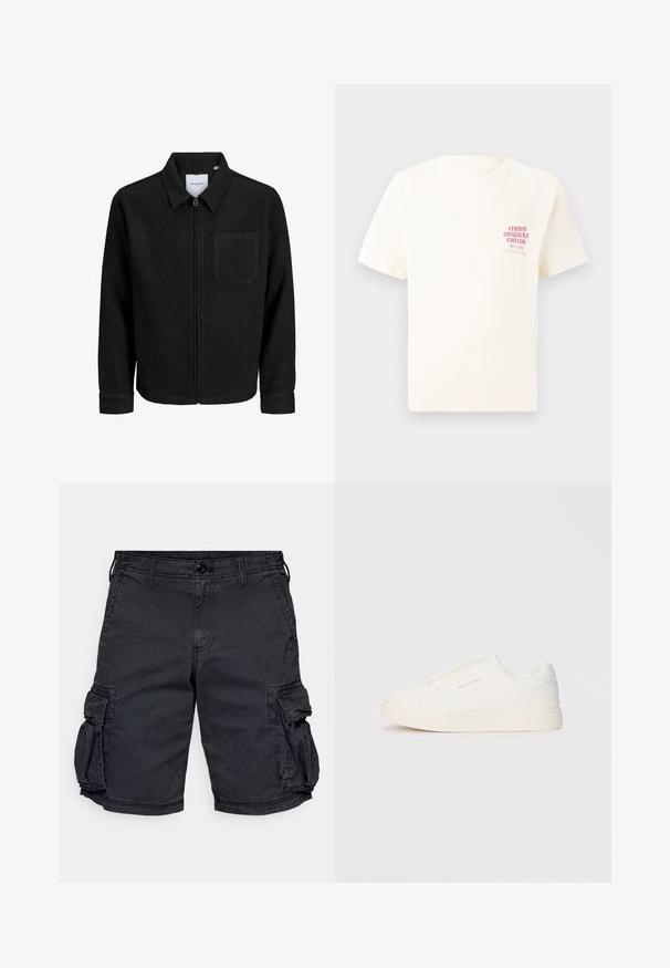 Fekete, zipzáros dzseki gallérral és egyetlen mellzsebbel, fehér háttéren.; Fehér, rövid ujjú póló, bal mellen piros szöveggel "Studio Originals Edition", semleges szürke háttér előtt.; Fekete cargo short, pamutból készült, több oldalsó zsebbel, cipzáras fronttal és övhurkokkal. Tartós anyag, látható varrással.; Fehér slip-on sportcipők texturált felülettel, vastag talppal és minimalista dizájnnal. Az oldalon a márka logója található.