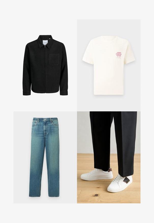 Juodas džemperis su užtrauktuku, apykakle ir vienu krūtiniu kišenėje, pristatytas baltame fone.; Balta trumpa rankovėmis marškinėliai su raudonu užrašu "Studio Originals Edition" kairiajame krūtinės šone, rodomi neutralioje pilkoje aplinkoje.; Džinsai, šviesiai mėlyni su nusidėvėjusiu efektu, tiesaus kirpimo dizainas, standartinė penkių kišenių išdėstymas, vario mygtukas ir užtrauktukas.; Balti sportbačiai su glotnia danga, puošti rudais odiniais akcentais ir juodais detalėmis, derinami su juodais pritaikytais kelnėmis. Medinių grindų fonas.