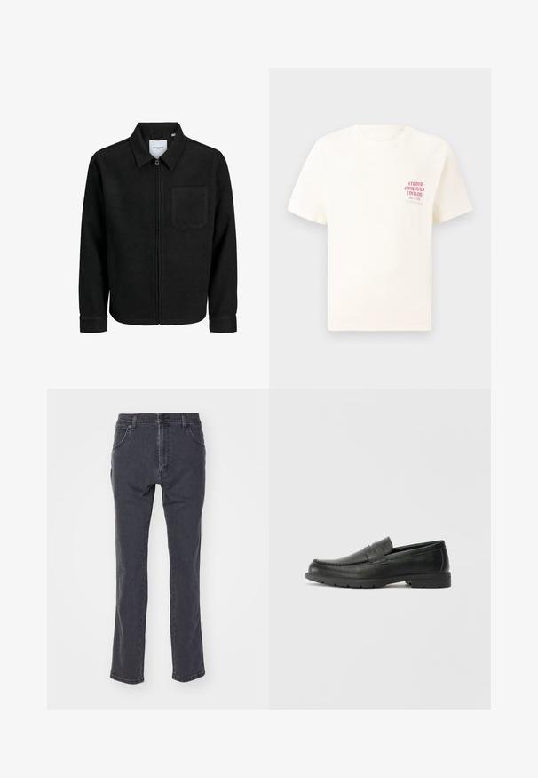 Jachetă neagră cu fermoar, cu guler și un singur buzunar pe piept, expusă pe fundal alb.; Tricou alb cu mânecă scurtă, având text roșu "Studio Originals Edition" pe partea stângă a pieptului, expus pe un fundal gri neutru.; Jeans grișii închise, din denim, cu un design drept, cinci buzunare și o închidere clasică cu nasture la talie.; Labeled cu oglindă din piele neagră cu un finisaj neted, partea superioară în stil mocasin, detalii cusute și o talpă din cauciuc. Design clasic cu un toc jos.