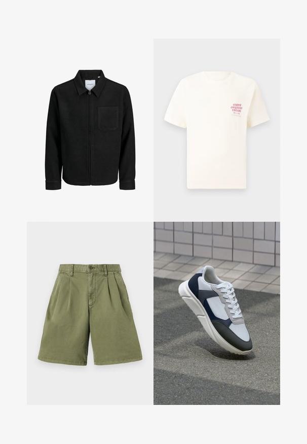 Zwarte zip-up jas met kraag en enkele borstzak, weergegeven op een witte achtergrond.; Witte T-shirt met korte mouwen met rode tekst "Studio Originals Edition" op de linker borst, weergegeven op een neutrale grijze achtergrond.; Khaki shorts met voorplooien, gemaakt van katoenmix stof. Beschikt over riemlussen en knoopsluiting, met rechte pijpen en een nette zoom.; Witte, marineblauwe en grijze sneaker met een gemengde materiaald ontwerp, met een gestructureerde bovenkant, platte veters en een gevoerde zool.