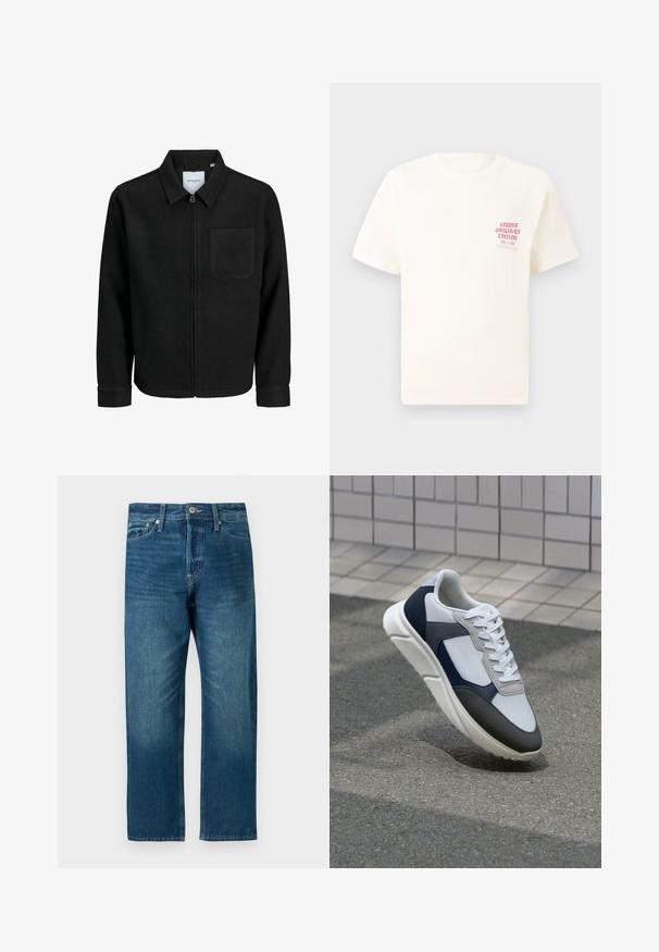 Jachetă neagră cu fermoar, cu guler și un singur buzunar pe piept, expusă pe fundal alb.; Tricou alb cu mânecă scurtă, având text roșu "Studio Originals Edition" pe partea stângă a pieptului, expus pe un fundal gri neutru.; Jeans din denim de culoare albastru închis, cu un design drept, având un aranjament cu cinci buzunare, bucle pentru curea și închidere cu nasturi.; Tenisi albi, bleumarin și gri, cu un design din materiale mixte, având un superior texturat, șireturi plate și o talpă căptușită.