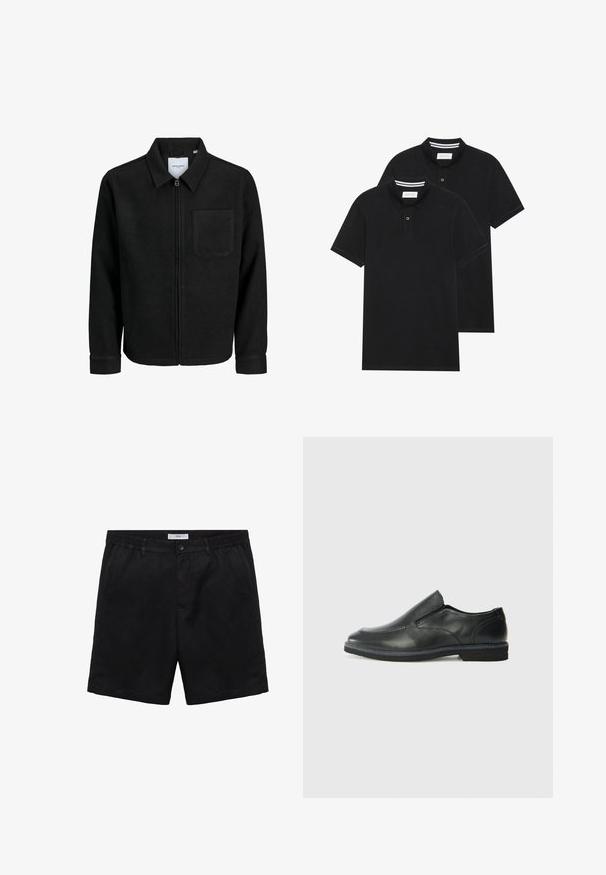 Crna jakna na zip s ovratnikom i jednim džepom na prsima, prikazana na bijeloj pozadini.; Dva crna polo majice, kratki rukavi, pamučni materijal, sa klasičnom ovratnikom, čepom sa dva gumba i bijelim prugastim detaljima unutar ovratnika.; Crne kratke hlače od meke tkanine, s kopčanjem na gumb, ravnim prednjim dijelom i bočnim džepovima. Standardna veličina s glatkom teksturom.; Crne kožne cipele na sklapanje s glatkom gornjom površinom, prošivenim detaljima, zaobljenim vrhom i niskim gumene potplate. Potplat ima minimalne uzorke.