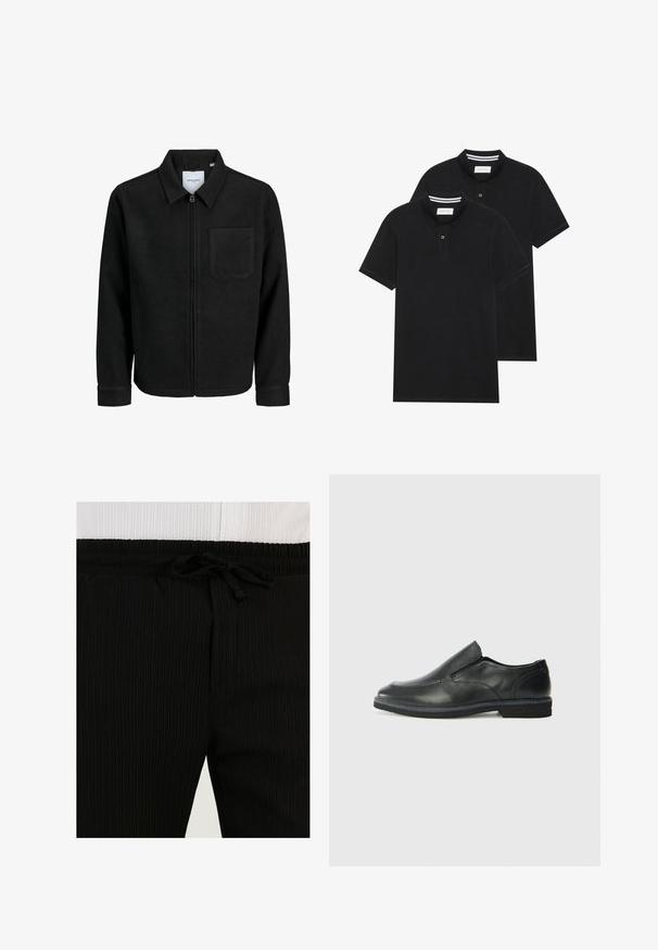 Zwarte zip-up jas met kraag en enkele borstzak, weergegeven op een witte achtergrond.; Twee zwarte polo shirts, met korte mouwen, van katoen, met een klassieke kraag, een knoopsluiting met twee knopen en witte gestreepte accenten aan de binnenkant van de kraag.; Zwarte geribbelde sweatpants met een elastische tailleband en trekkoorddetail. De textuur is zacht met verticale lijnen, waardoor een subtiel patroon ontstaat.; Zwarte leren instapper met een soepele bovenkant, gestikte accenten, ronde neus en een lage rubberen hak. De zool heeft minimale profiel.