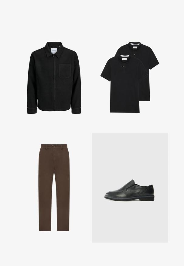 Black zip-up jacket with collar and single chest pocket, displayed on white background.; Two black polo shirts, short-sleeved, cotton material, featuring a classic collar, two-button placket, and white striped accents inside the collar.; Men's straight-leg chinos in dark brown with belt loops, side pockets, button closure, and zipper fly.; Black leather slip-on shoe with a smooth upper, stitched accents, rounded toe, and a low rubber heel. Sole features minimal tread.