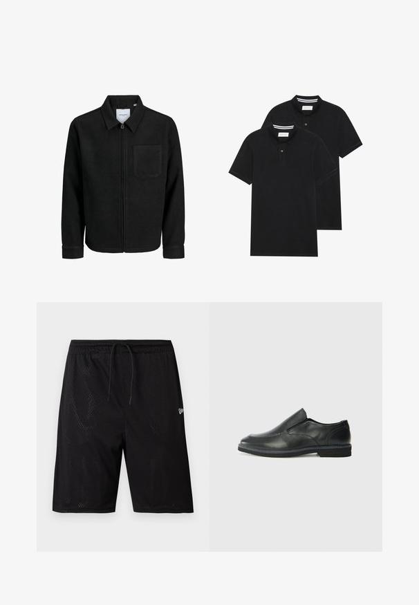 Čierna zipsová bunda s golierom a jednou náprsníkou, vystavená na bielom pozadí.; Dvé čierne polo tričká, krátke rukávy, vyrobené z bavlny, s klasickým golierom, dvojitým gombíkom a bielymi pruhmi vo vnútri goliera.; Čierne športové šortky z priedušnej siete s viazankou v páse, s perforovanou textúrou a malým bielym logom v dolnom pravom rohu.; Čierny kožený nazúvací topánka s hladkým zvrškom, prešitými akcentmi, zaoblenou špičkou a nízkym gumovým podpätkom. Podošva má minimálny dezén.