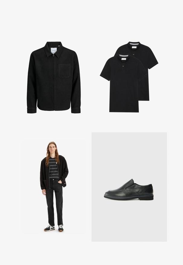 Chaqueta negra con cremallera y cuello, con un solo bolsillo en el pecho, expuesta sobre un fondo blanco.; Dos camisetas polo negras, de manga corta, de material de algodón, que presentan un cuello clásico, una tapeta de dos botones y acentos de rayas blancas en el interior del cuello.; Chaqueta de forro polar negra con cremallera y bolsillos laterales, sobre una camiseta a rayas en blanco y negro, combinada con unos vaqueros rectos negros y zapatillas negras.; Zapato negro de cuero sin cordones con un upper suave, detalles de costura, punta redonda y un bajo tacón de goma. La suela presenta una tracción mínima.