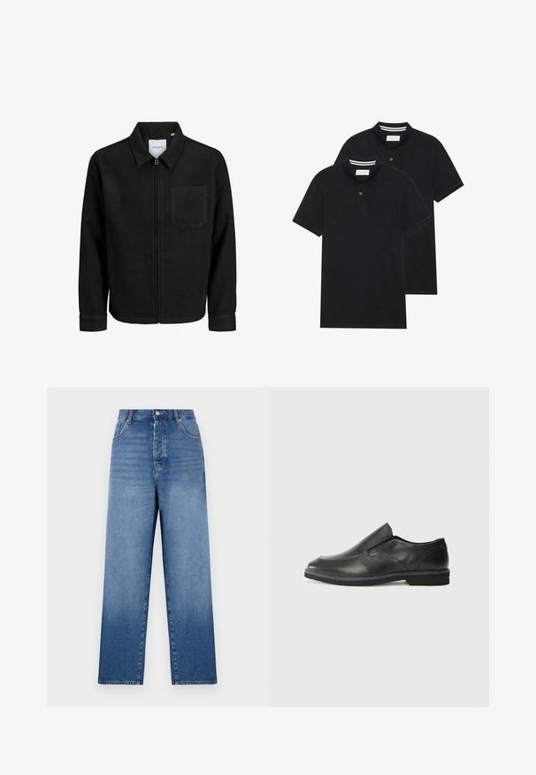 Crna jakna na zip s ovratnikom i jednim džepom na prsima, prikazana na bijeloj pozadini.; Dva crna polo majice, kratki rukavi, pamučni materijal, sa klasičnom ovratnikom, čepom sa dva gumba i bijelim prugastim detaljima unutar ovratnika.; Plave traperice s visokim strukom, ravnog kroja, zatvaranjem na gumbe i pet džepova. Imaju izblijedjelo pranje i vidljive detalje šavova.; Crne kožne cipele na sklapanje s glatkom gornjom površinom, prošivenim detaljima, zaobljenim vrhom i niskim gumene potplate. Potplat ima minimalne uzorke.