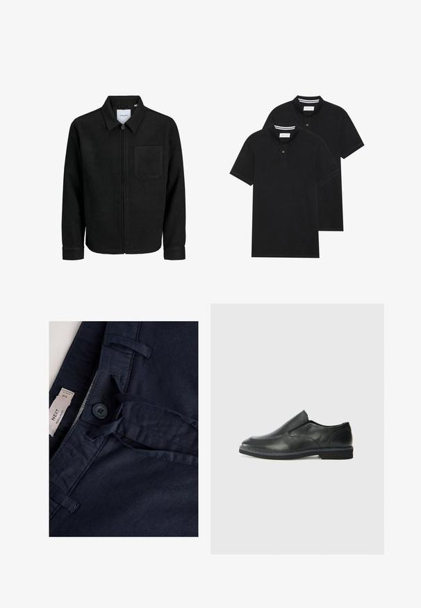 Juodas džemperis su užtrauktuku, apykakle ir vienu krūtiniu kišenėje, pristatytas baltame fone.; Du žaidimų juodos polo marškiniai, trumpomis rankovėmis, pagaminti iš medvilnės, su klasikinėmis apykaklėmis, dviem mygtukais priekyje ir baltais dryžiais apykaklės viduje.; Tamsiai mėlynos medvilninės kelnės su sagutės užsegimu, raišteliu ir kišenės detalėmis. Lygios tekstūros, įprasto silueto dizainas. Matoma etiketė.; Juodai odiniai įtvirtinimo batai su lygiu paviršiumi, siuvinėjimo akcentais, apvalia nosimi ir žemu guminiu kulnu. Pado raštas minimalus.