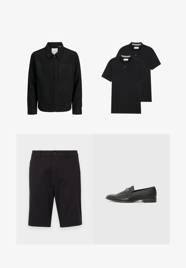 Melna jaka ar rāvējslēdzēju un apkakli, vienu krūšu kabatu, parādīta uz baltas fona.; Divas melnas polo krekli, īsām piedurknēm, no kokvilnas materiāla, ar klasisku apkakli, divu pogu aizdari un balti svītroti akcenti apkakles iekšpusē.; Melni šorti, kas izgatavoti no viegla auduma. Iezīmēti ar pogu aizdari, jostu cilpām, divām sānu kabatām un taisnu piegriezumu.; Melna ādas loafer izmēra apavi ar gludu virsmu, piedāvā ar šūtu dizainu un dekoratīvu metāla ķēdes akcentu pār vampu. Plakana papēža daļa.