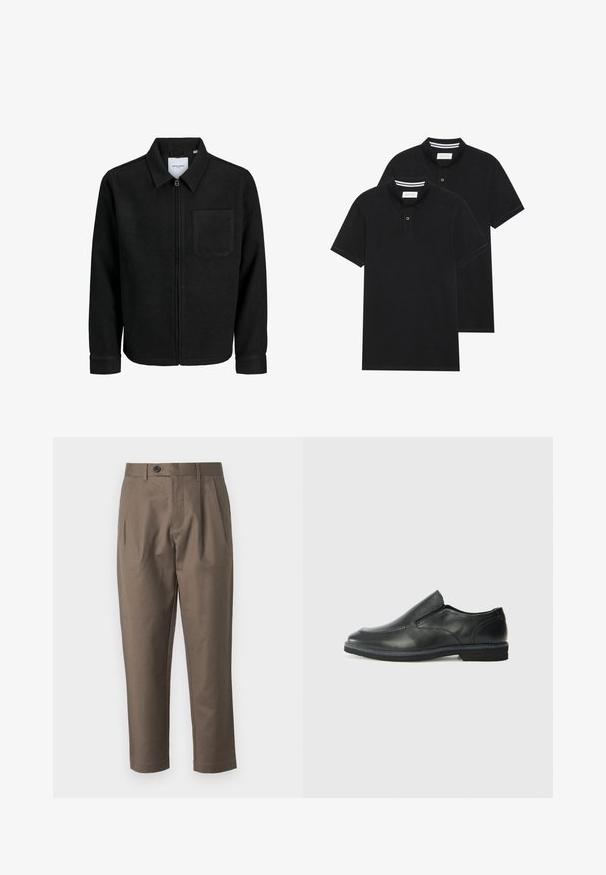 Czarna kurtka z zamkiem na całej długości, z kołnierzem i jedną kieszenią na piersi, umieszczona na białym tle.; Dwie czarne koszulki polo z krótkim rękawem, wykonane z materiału bawełnianego, z klasycznym kołnierzykiem, z zapięciem na dwa guziki oraz białymi paskami wewnątrz kołnierza.; Brązowe, dopasowane spodnie z płaskim przodem, dwiema bocznymi kieszeniami i zapięciem na guzik. Gładka, lekka tkanina z prostą nogawką.; Czarne skórzane buty wsuwane z gładką cholewką, przeszyciami, okrągłym noskiem i niskim gumowym obcasem. Podeszwa ma minimalny bieżnik.