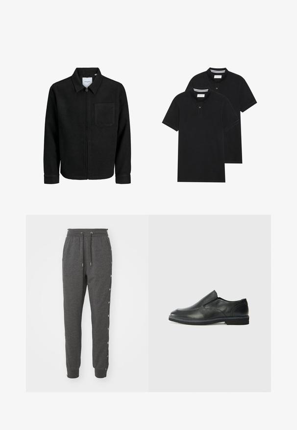 Black zip-up jacket with collar and single chest pocket, displayed on white background.; Two black polo shirts, short-sleeved, cotton material, featuring a classic collar, two-button placket, and white striped accents inside the collar.; Gray sweatpants made of soft fabric, featuring a drawstring waistband, ankle cuffs, and snap buttons along the sides for easy access.; Black leather slip-on shoe with a smooth upper, stitched accents, rounded toe, and a low rubber heel. Sole features minimal tread.