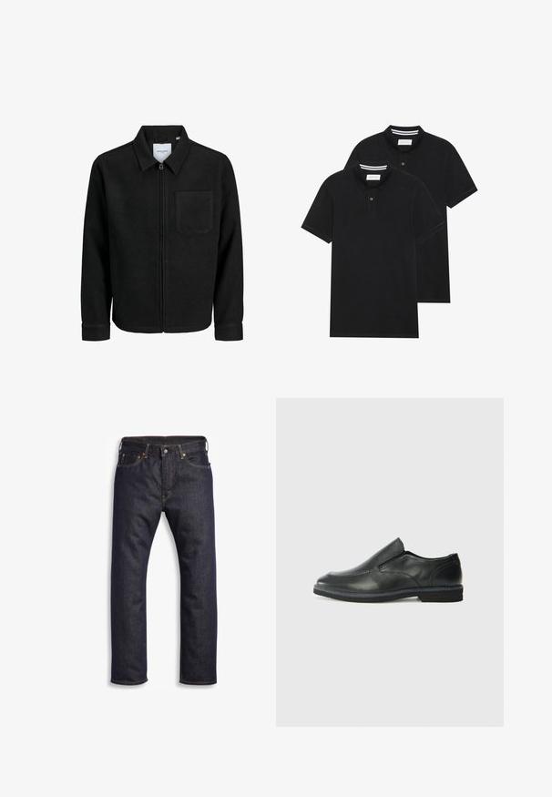 Črna jakna z zadrgo in ovratnikom ter enim žepom na prsih, prikazana na beli podlagi.; Dve črne polo majice, kratke rokave, iz bombažnega materiala, z klasik ovratnikom, dvobodno zaponko in belimi črtkami znotraj ovratnika.; Temno modre denim hlače z ravnim krojem, petimi žepi, kovinskimi dodatki in kontrastnim oranžnim šivanjem. Gladka tekstura, brez vidnih vzorcev.; Črne usnjene natikače z gladkim zgornjim delom, prišitimi detajli, zaobljenim nosom in nizkim gumijastim petkom. Podplat ima minimalen profil.