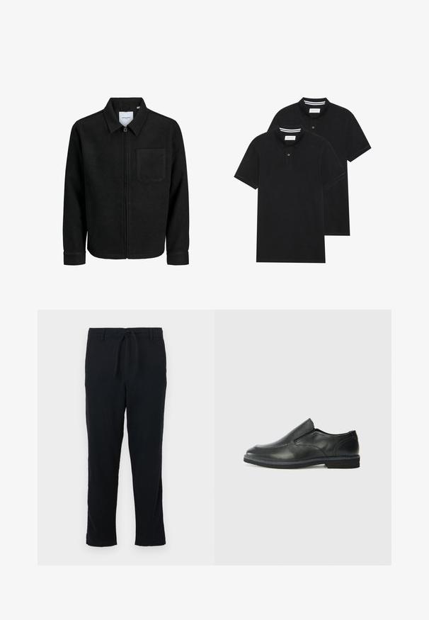 Črna jakna z zadrgo in ovratnikom ter enim žepom na prsih, prikazana na beli podlagi.; Dve črne polo majice, kratke rokave, iz bombažnega materiala, z klasik ovratnikom, dvobodno zaponko in belimi črtkami znotraj ovratnika.; Črne hlače iz mehke tkanine s pasom na vrvico, ravnim krojem in preprostim robom brez žepov ali okraskov.; Črne usnjene natikače z gladkim zgornjim delom, prišitimi detajli, zaobljenim nosom in nizkim gumijastim petkom. Podplat ima minimalen profil.