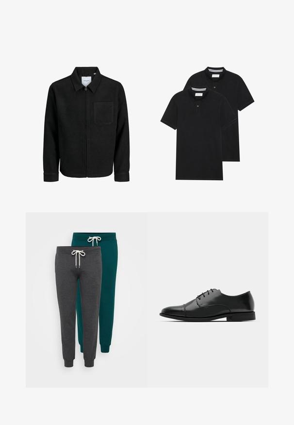 Sort lynlåsjakke med krave og en enkelt brystlomme, vist på hvid baggrund.; To sorte polo T-shirts, kortærmede, lavet af bomuldsstof, med en klassisk krave, to-knaps placket og hvide stribede detaljer indeni kraven.; To sæt joggebukser i mørkegrå og teal, lavet af blødt stof, med elastiske manchetter og snoreliv med hvide snore.; Sort læder dress-sko med rund tå, snørebåndsdesign, diskrete syninger og lav hæl. Glat tekstur med poleret finish.