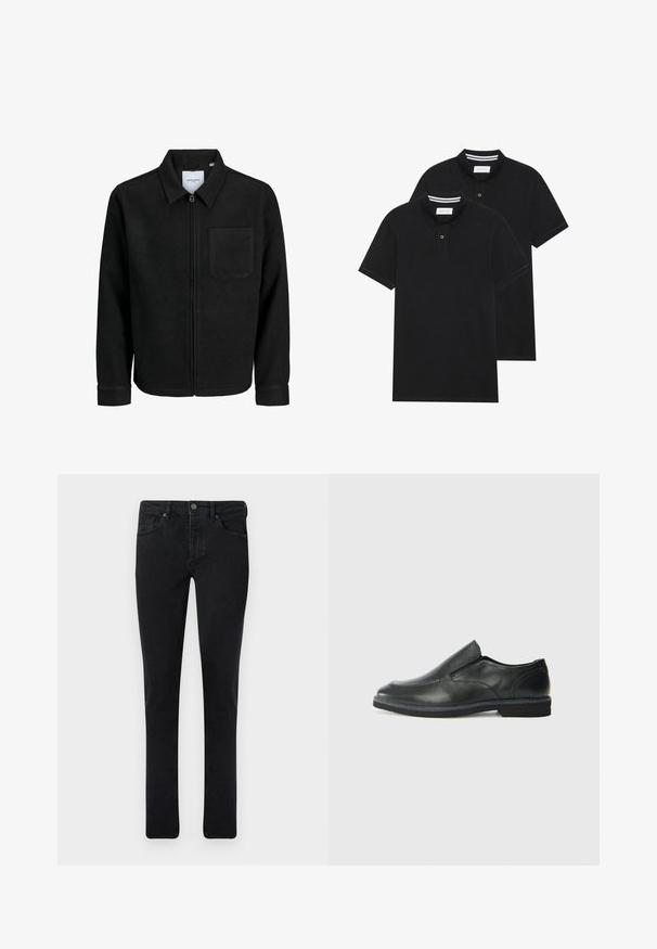 Črna jakna z zadrgo in ovratnikom ter enim žepom na prsih, prikazana na beli podlagi.; Dve črne polo majice, kratke rokave, iz bombažnega materiala, z klasik ovratnikom, dvobodno zaponko in belimi črtkami znotraj ovratnika.; Temno modri kavbojke z ožjim krojem, petimi žepi in kovinskim gumbom za zaklepanje. Gladka tekstura in enakomerna barva po celotni površini.; Črne usnjene natikače z gladkim zgornjim delom, prišitimi detajli, zaobljenim nosom in nizkim gumijastim petkom. Podplat ima minimalen profil.