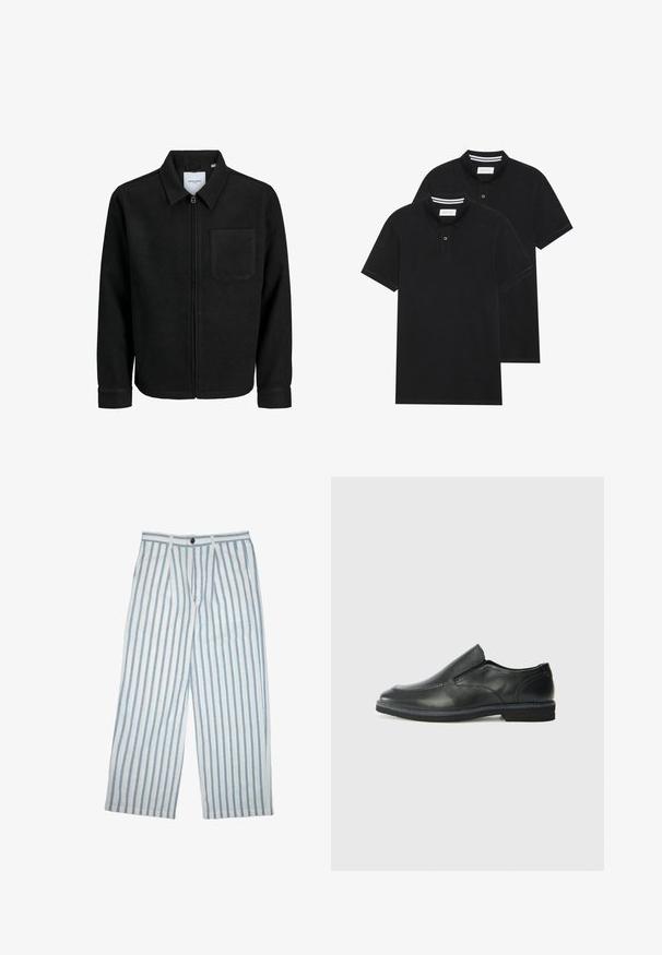 Černá zipová bunda s límečkem a jednou kapsou na hrudi, vystavená na bílém pozadí.; Dvě černé polokošile s krátkým rukávem z bavlny, s klasickým límcem, dvouknoflíkovou légou a bílými pruhovanými akcenty uvnitř límce.; Lehké kalhoty z lněné směsi s modro-bílými vertikálními pruhy, vyznačující se zapínáním na knoflík a širokým, uvolněným střihem.; Černá kožená nazouvací bota s hladkým svrškem, prošívanými detaily, zaoblenou špičkou a nízkým gumovým podpatkem. Podešev má minimální vzorek.