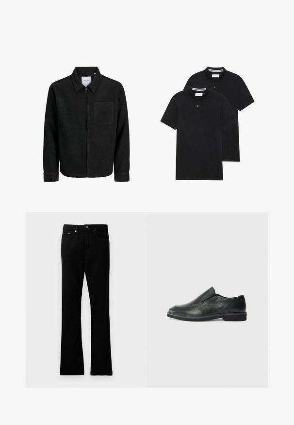 Zwarte zip-up jas met kraag en enkele borstzak, weergegeven op een witte achtergrond.; Twee zwarte polo shirts, met korte mouwen, van katoen, met een klassieke kraag, een knoopsluiting met twee knopen en witte gestreepte accenten aan de binnenkant van de kraag.; Zwarte denim broeken met een rechte pasvorm, vijf zakken, metalen knoopsluiting en subtiele stikdetails. Glad oppervlak en consistente kleur.; Zwarte leren instapper met een soepele bovenkant, gestikte accenten, ronde neus en een lage rubberen hak. De zool heeft minimale profiel.