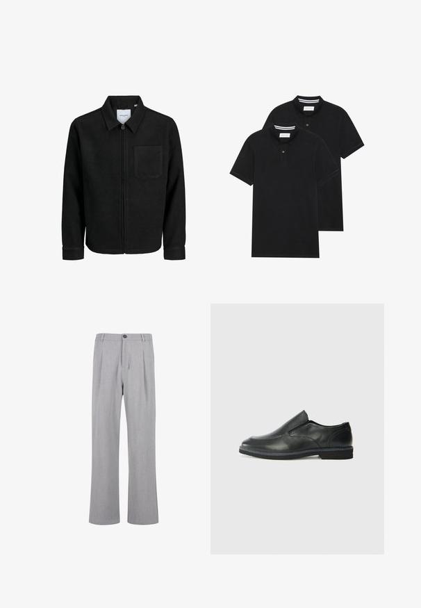 Juodas džemperis su užtrauktuku, apykakle ir vienu krūtiniu kišenėje, pristatytas baltame fone.; Du žaidimų juodos polo marškiniai, trumpomis rankovėmis, pagaminti iš medvilnės, su klasikinėmis apykaklėmis, dviem mygtukais priekyje ir baltais dryžiais apykaklės viduje.; Pilkai raukšlėti kelnių, pagaminti iš lengvos medžiagos, su mygtuko uždarymu, plačiomis kojomis ir lygiu paviršiumi su subtiliu raštu.; Juodai odiniai įtvirtinimo batai su lygiu paviršiumi, siuvinėjimo akcentais, apvalia nosimi ir žemu guminiu kulnu. Pado raštas minimalus.