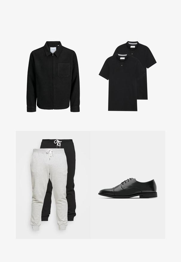 Črna jakna z zadrgo in ovratnikom ter enim žepom na prsih, prikazana na beli podlagi.; Dve črne polo majice, kratke rokave, iz bombažnega materiala, z klasik ovratnikom, dvobodno zaponko in belimi črtkami znotraj ovratnika.; Dve para jogging hlač v sivi in črni mešani bombažni tkanini. Značilnosti vključujejo vrvico v pasu in zapenjanje na gležnjih. Gladka tekstura, priložnostna zasnova.; Črne usnjene moške čevlje z zaobljenim nosom, s sistemom vezalk, diskretnimi šivi in nizkih petah. Gladka tekstura s sijočim zaključkom.