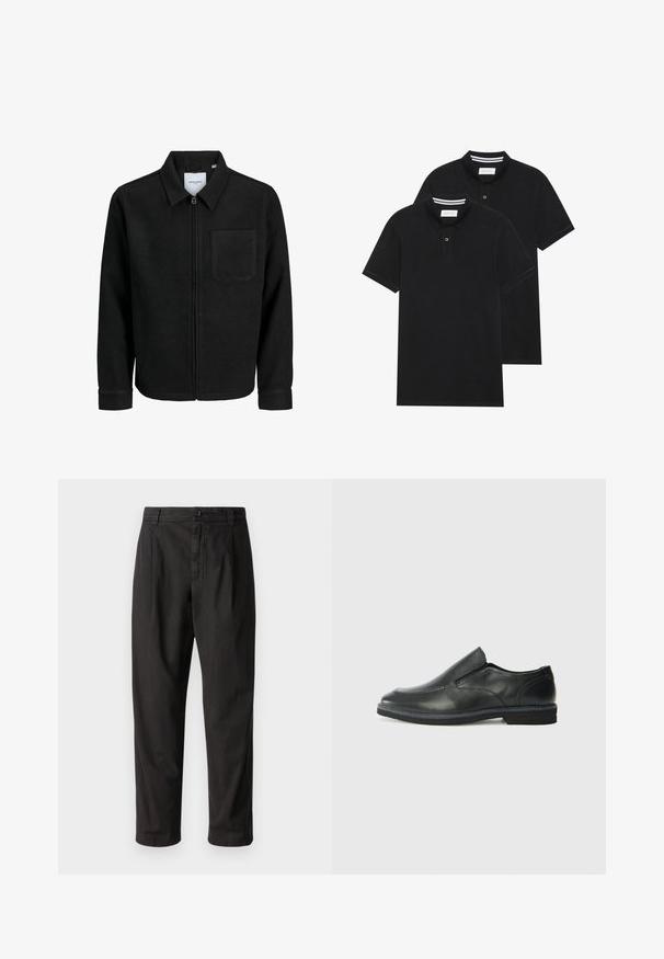 Črna jakna z zadrgo in ovratnikom ter enim žepom na prsih, prikazana na beli podlagi.; Dve črne polo majice, kratke rokave, iz bombažnega materiala, z klasik ovratnikom, dvobodno zaponko in belimi črtkami znotraj ovratnika.; Črne hlače iz gladkega materiala, s straight leg dizajnom, sprednjimi pregibi in gumbom za zapiranje v pasu.; Črne usnjene natikače z gladkim zgornjim delom, prišitimi detajli, zaobljenim nosom in nizkim gumijastim petkom. Podplat ima minimalen profil.