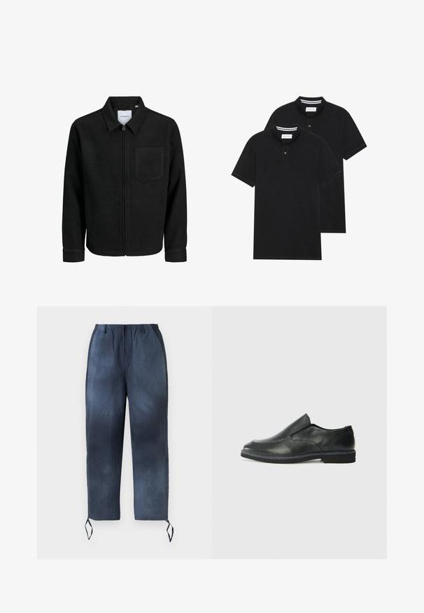 Fekete, zipzáros dzseki gallérral és egyetlen mellzsebbel, fehér háttéren.; Két fekete pólóing, rövid ujjú, pamut anyagból készült, klasszikus gallérral, két gombos gombolással, és fehér csíkos díszítéssel a gallér belső részén.; Sötétkék, zsinórral szívott nadrág, rugalmas derékkal, két oldalsó zsebbel és bokapántokkal, fehér háttér előtt bemutatva.; Fekete bőr, slip-on cipő sima felsőrésszel, varrott díszítéssel, lekerekített orral és alacsony gumitalppal. A talpa minimális bordázattal rendelkezik.