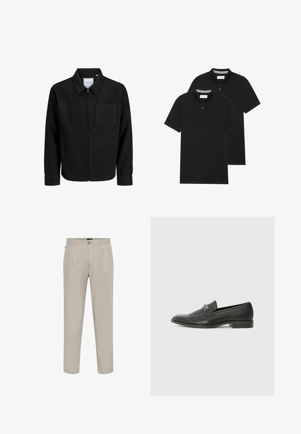 Črna jakna z zadrgo in ovratnikom ter enim žepom na prsih, prikazana na beli podlagi.; Dve črne polo majice, kratke rokave, iz bombažnega materiala, z klasik ovratnikom, dvobodno zaponko in belimi črtkami znotraj ovratnika.; Bež lanene hlače z teksturiranim zaključkom, ki imajo ravno kroj, dve sprednji žep in gumbasto zapiranje ob pasu.; Črni usnjeni loafer z gladko površino, ki ima šivano zasnovo in dekorativni kovinski verižni naglas preko vampirja. Ravno peto.