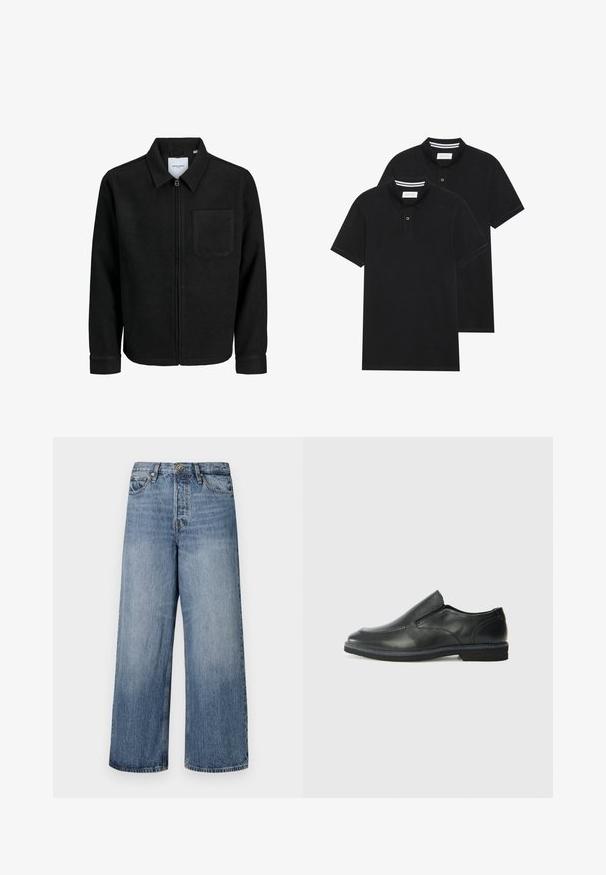 Melna jaka ar rāvējslēdzēju un apkakli, vienu krūšu kabatu, parādīta uz baltas fona.; Divas melnas polo krekli, īsām piedurknēm, no kokvilnas materiāla, ar klasisku apkakli, divu pogu aizdari un balti svītroti akcenti apkakles iekšpusē.; Platas kājas zils džinsu bikses ar izbalējušu apdari, piecu kabatu dizains un pogu aizdare. Aprīkotas ar jostām un piešūtu detaļu.; Melnas ādas slip-on kurpes ar gludu augšdaļu, izšūtām akcentiem, noapaļotu purngala daļu un zemu gumijas papēdi. Zole ar minimālu rakstu.