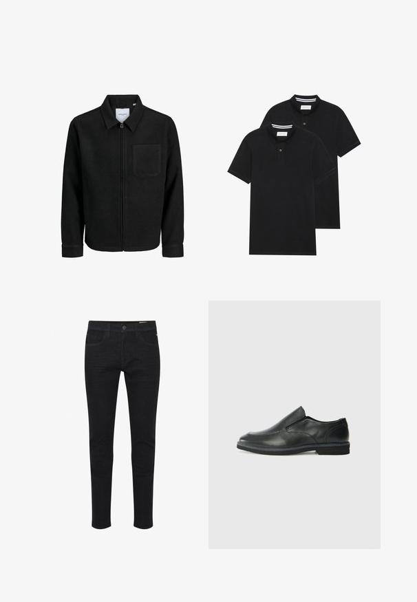 Mustaga lukuga jakker, millel on krae ja üks rinna-tasku, esitatud valgel taustal.; Kaks musta polo särki, lühikeste varrukatega, puuvillane materjal, klassikalise kraega, kahe nupuga kinnitusega, valgete triipudega krae sisepinnal.; Mustad denim teksad on sobiva disainiga, viie taskuga, standardse nööpkinni ja peene tekstuuriga vastupidavuse tagamiseks.; Must musta laia suuga king, millel on sile ülemine osa, õmmeldud detailid, ümmargune nina ja madal kummist konts. Tallal on minimaalne mustr.