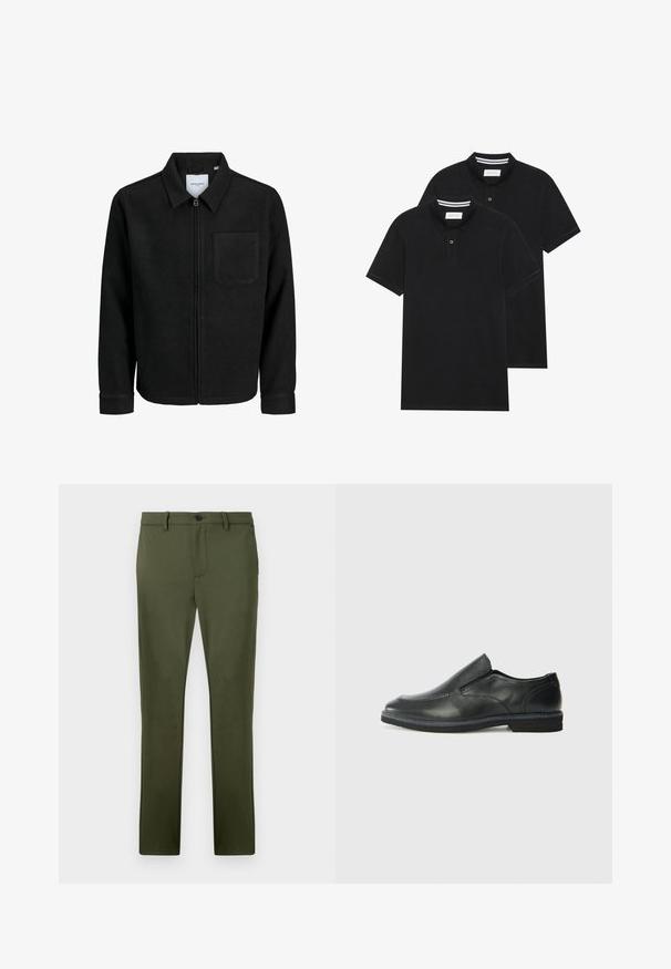 Čierna zipsová bunda s golierom a jednou náprsníkou, vystavená na bielom pozadí.; Dvé čierne polo tričká, krátke rukávy, vyrobené z bavlny, s klasickým golierom, dvojitým gombíkom a bielymi pruhmi vo vnútri goliera.; Olivové zelené nohavice vyrobené z hladkej tkaniny, s rovnými nohavicami, prednými vreckami a jedným gombíkom na zapínanie. Minimalistický dizajn.; Čierny kožený nazúvací topánka s hladkým zvrškom, prešitými akcentmi, zaoblenou špičkou a nízkym gumovým podpätkom. Podošva má minimálny dezén.