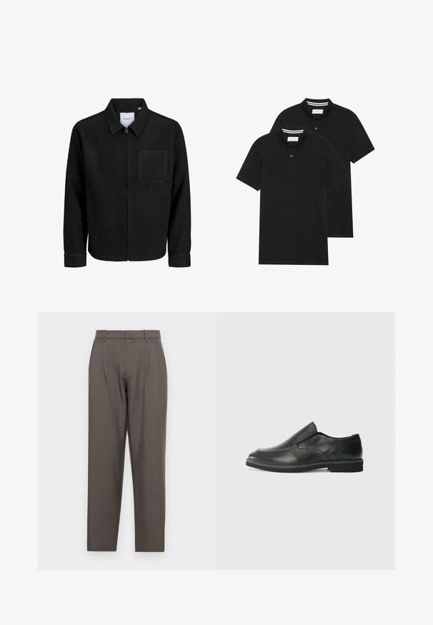 Sort lynlåsjakke med krave og en enkelt brystlomme, vist på hvid baggrund.; To sorte polo T-shirts, kortærmede, lavet af bomuldsstof, med en klassisk krave, to-knaps placket og hvide stribede detaljer indeni kraven.; Jack & Jones JPSTBILL JJDAYTONA WIDE - Bukser - pavement; Sorte læder slip-on sko med en glat overdel, syede detaljer, rund tå og en lav gummihæl. Sålen har minimal profil.