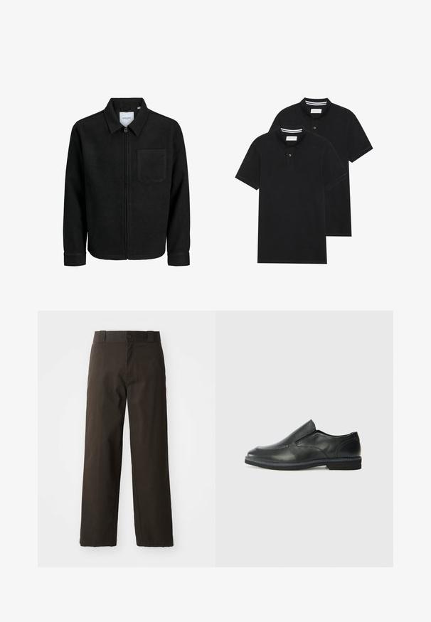 Juodas džemperis su užtrauktuku, apykakle ir vienu krūtiniu kišenėje, pristatytas baltame fone.; Du žaidimų juodos polo marškiniai, trumpomis rankovėmis, pagaminti iš medvilnės, su klasikinėmis apykaklėmis, dviem mygtukais priekyje ir baltais dryžiais apykaklės viduje.; Juodi medvilniniai kelnių su tiesiomis kojomis, turinčiais mygtuko uždarymą ir klasikiniu liemeniu. Lygus audinys, be raštų ar akcentų.; Juodai odiniai įtvirtinimo batai su lygiu paviršiumi, siuvinėjimo akcentais, apvalia nosimi ir žemu guminiu kulnu. Pado raštas minimalus.