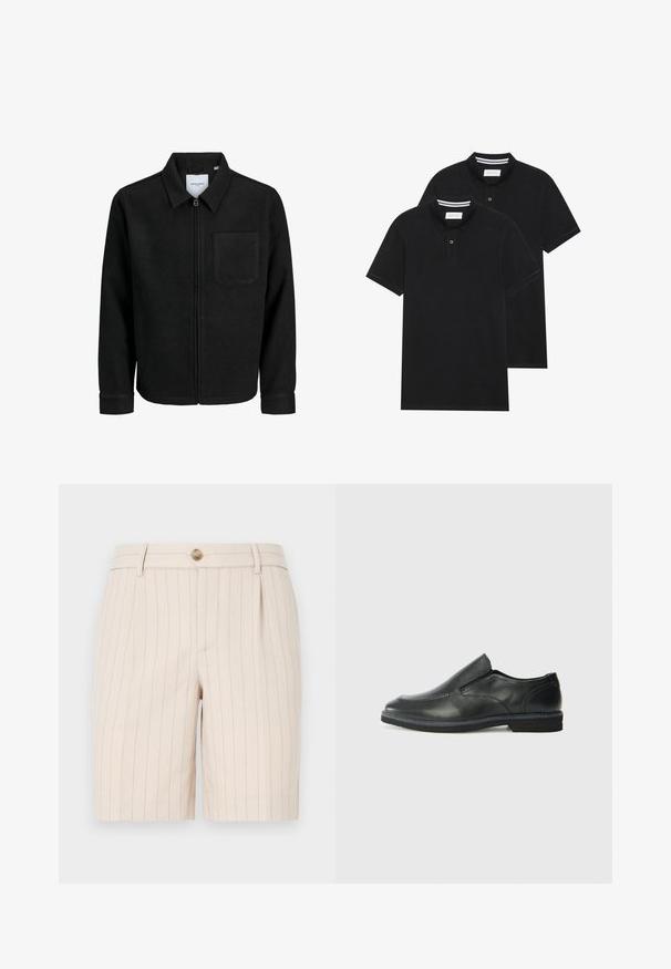 Svart zip-jacka med krage och en enda bröstficka, visad på vit bakgrund.; Två svarta polo t-shirts, kortärmade, i bomullsmaterial, med en klassisk krage, tvåknappsslutning och vita randiga accenter inuti kragen.; Beige shorts tillverkade av ett lätt tyg, med ett randigt mönster, framknäppning och sidfickor.; Svart lädersko i slip-on-modell med en slät ovandel, sömnadsdetaljer, rund tå och låg gummihäl. Sulan har minimal mönstring.