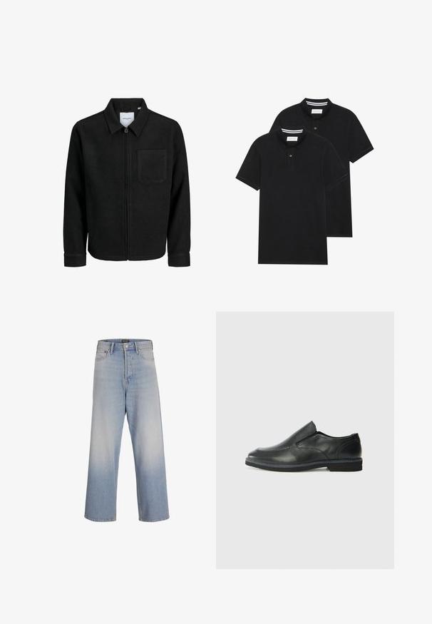 Čierna zipsová bunda s golierom a jednou náprsníkou, vystavená na bielom pozadí.; Dvé čierne polo tričká, krátke rukávy, vyrobené z bavlny, s klasickým golierom, dvojitým gombíkom a bielymi pruhmi vo vnútri goliera.; Svetlomodré džíny s voľnými nohavicami, vyrobené z denimu, s vysokým pásom, prednými vreckami a efektom vyblednutia pre textúrový vzhľad.; Čierny kožený nazúvací topánka s hladkým zvrškom, prešitými akcentmi, zaoblenou špičkou a nízkym gumovým podpätkom. Podošva má minimálny dezén.