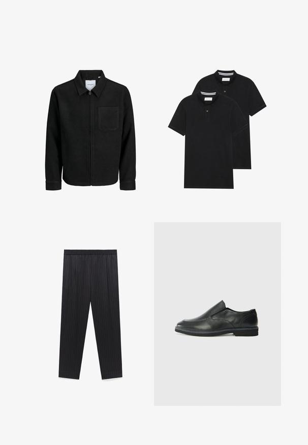 Zwarte zip-up jas met kraag en enkele borstzak, weergegeven op een witte achtergrond.; Twee zwarte polo shirts, met korte mouwen, van katoen, met een klassieke kraag, een knoopsluiting met twee knopen en witte gestreepte accenten aan de binnenkant van de kraag.; Zwarte, gestreepte broek met een elastische tailleband, recht toelopend ontwerp en een gladde textuur. Geen extra hardware of details zichtbaar.; Zwarte leren instapper met een soepele bovenkant, gestikte accenten, ronde neus en een lage rubberen hak. De zool heeft minimale profiel.