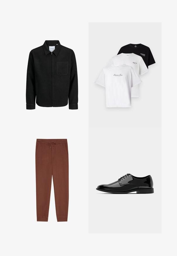 Zwarte zip-up jas met kraag en enkele borstzak, weergegeven op een witte achtergrond.; Drie T-shirts in een pakket: één zwarte, twee witte. Korte mouwen, ronde hals, met tekstgraphics op de borst in contrasterende kleuren. Katoenen materiaal.; Bruine joggingbroek met een trekkoord in de taille, zijzakken en een taps toelopende pijp. Gemaakt van zachte stof met een gladde textuur en zonder zichtbare patronen.; Zwarte gepatineerde leren jurkchoenen met een ronde neus, vetersluiting en een glad, glanzend oppervlak. Voorzien van een laagprofiel rubberen zool.